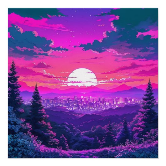 Anime City Mountain Landschap Neon Sunset Perfect Poster (Voorkant)