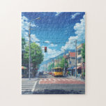 Anime City Street Jigsaw Puzzle – Bright Summer To Legpuzzel<br><div class="desc">Enjoy a relaxing puzzle experience with this anime-style city street jigsaw puzzle. The artwork features a bright summer day in a peaceful town, with a colorful city bus waiting at the traffic light, bicycles along the sidewalk, and cozy buildings lining the street. Soft clouds fill the blue sky while sunlight...</div>