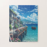 Anime Coastal Village Jigsaw Puzzle – Seaside Flow Legpuzzel<br><div class="desc">Relax your mind with this beautiful anime-style seaside puzzle. The artwork shows a charming coastal house with colorful flower gardens on a wooden pier, overlooking clear turquoise water and a peaceful village by the mountains. A small wooden boat floats gently on the calm sea while bright clouds fill the summer...</div>