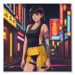 Anime Cyber Punk Meisje Tokyo Nacht Foto Afdruk