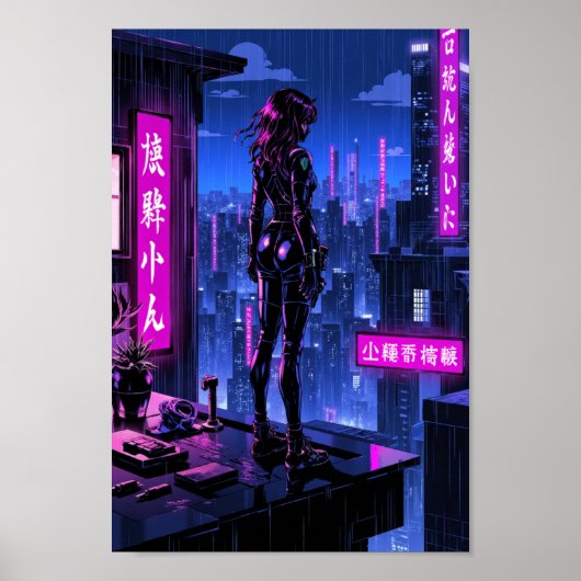 Anime Cyberpunk Neon Stadsmuurkunst Poster (Voorkant)