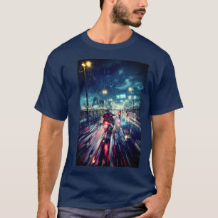 Anime Cyberpunk Rainy City Motorcycle T-shirt