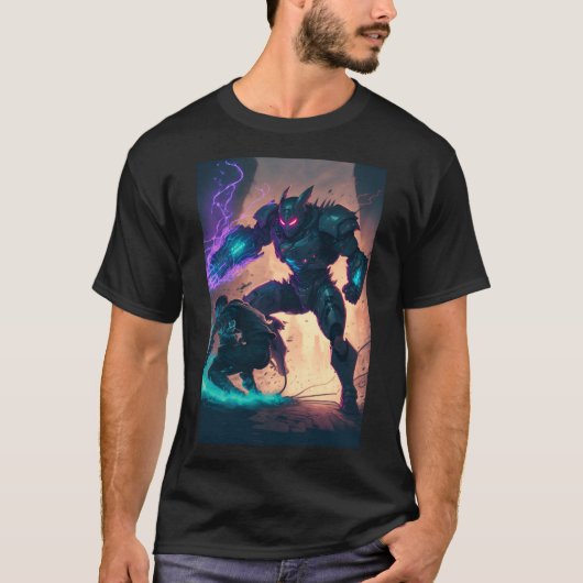 Anime Cyberpunk Super Hero Fighting Giant Robot T-shirt (Voorkant)
