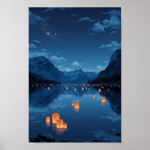 Anime Drijvende Lantaarn Meer Muur Kunst Poster