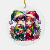 Anime Elves en Snowflakes gepersonaliseerde kerst Keramisch Ornament (Voorkant)