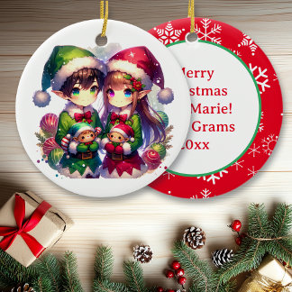 Anime Elves en Snowflakes gepersonaliseerde kerst Keramisch Ornament