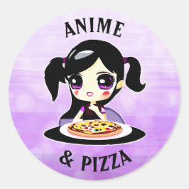 Anime en Pizza Zwart en Paarse Cartoon Ronde Sticker