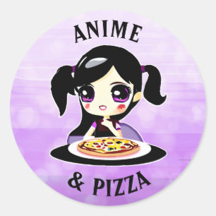 Anime en Pizza Zwart en Paarse Cartoon Ronde Sticker
