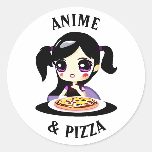Anime en Pizza Zwart en Paarse Cartoon Ronde Sticker (Voorkant)