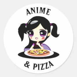 Anime en Pizza Zwart en Paarse Cartoon Ronde Sticker