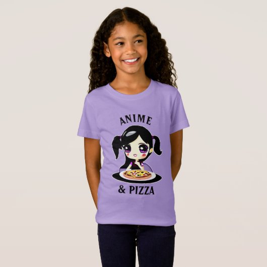 Anime en Pizza Zwart en Paarse Cartoon T-shirt (Voorkant volledig)