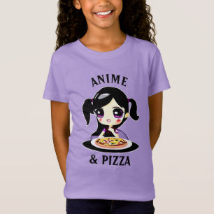 Anime en Pizza Zwart en Paarse Cartoon T-shirt