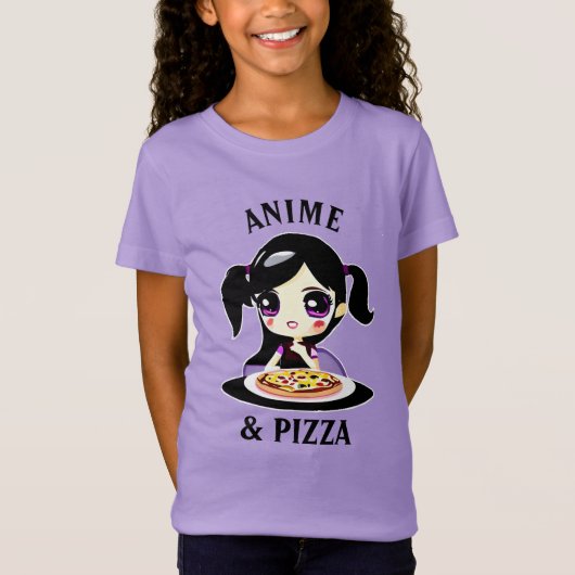 Anime en Pizza Zwart en Paarse Cartoon T-shirt (Voorkant)