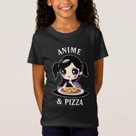 Anime en Pizza Zwart en Paarse Cartoon T-shirt (Voorkant)