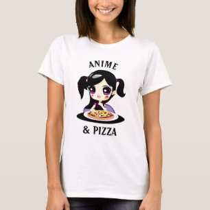 Anime en Pizza Zwart en Paarse Cartoon T-shirt