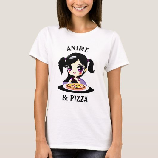 Anime en Pizza Zwart en Paarse Cartoon T-shirt (Voorkant)
