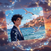 Anime esthetiek helderblauwe kuststad
