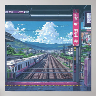 Anime esthetische binnenkant treinstation landscha poster