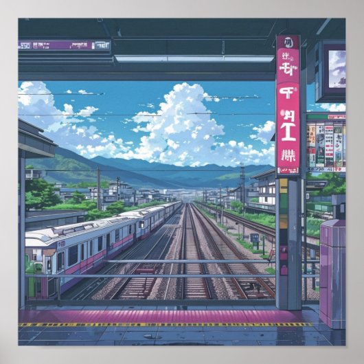 Anime esthetische binnenkant treinstation landscha poster (Voorkant)