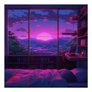 Anime Esthetische Slaapkamer Nacht Uitzicht Neon S Perfect Poster