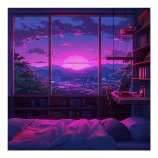 Anime Esthetische Slaapkamer Nacht Uitzicht Neon S Perfect Poster (Voorkant)