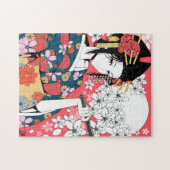 Anime Floral Geisha Pink White Jigzaag Puzzle Legpuzzel (Horizontaal)