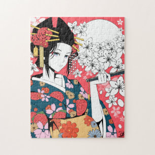 Anime Floral Geisha Pink White Jigzaag Puzzle Legpuzzel