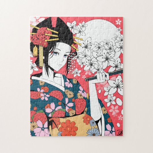 Anime Floral Geisha Pink White Jigzaag Puzzle Legpuzzel (Verticaal)