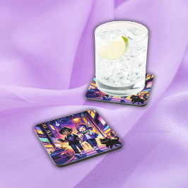 Anime Gaming Paar met hun Kat | Bier Onderzetter