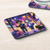 Anime Gaming Paar met hun Kat | Bier Onderzetter (Linkerzijde)