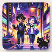 Anime Gaming Paar met hun Kat | Bier Onderzetter (Voorkant)