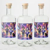 Anime Gaming Paar met hun Kat | Likeurfles Etiket (Flessen)