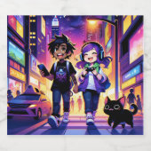 Anime Gaming Paar met hun Kat | Likeurfles Etiket (Enkel label)