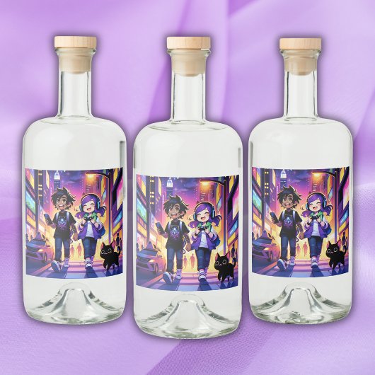 Anime Gaming Paar met hun Kat | Likeurfles Etiket