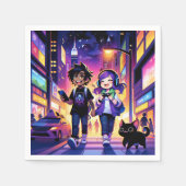 Anime Gaming Paar met hun Kat | Servet (Voorkant)