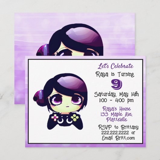 Anime-gamingmeisje paars en zwart kinderverjaardag briefkaart (Voorkant / Achterkant)