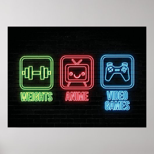 Anime, Gewichten, Videogames - Retro Neon Poster (Voorkant)