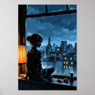 Anime gezellige regen raam muurkunst poster
