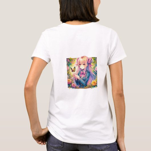 Anime Girl and Butterfly Watercolor T-shirt (Achterkant)