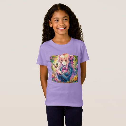 Anime Girl and Butterfly Watercolor T-shirt (Voorkant volledig)