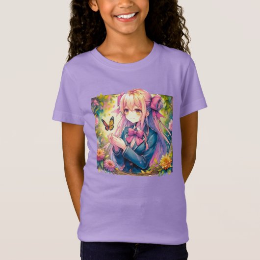 Anime Girl and Butterfly Watercolor T-shirt (Voorkant)