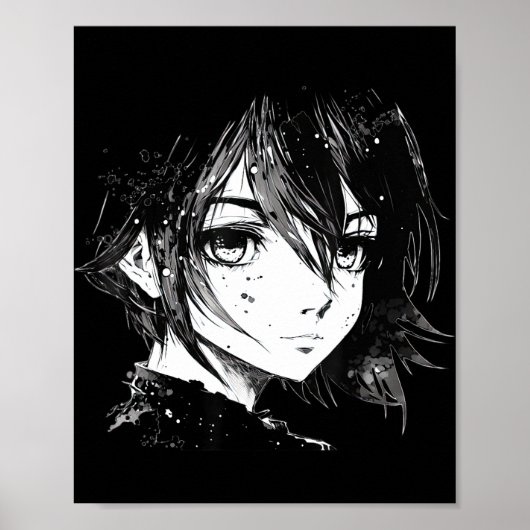 Anime Girl Anime Eyes Ink Art Sketch Tekening voor Poster (Voorkant)