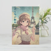 Anime Girl at the Eiffel Tower, Paris - Retro Art Bedankkaart (Staand voorkant)