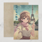 Anime Girl at the Eiffel Tower, Paris - Retro Art Bedankkaart (Voorkant / Achterkant)
