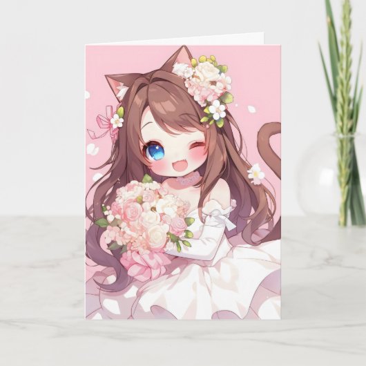 Anime Girl Bride Cat Feestdagen Kaart (Voorkant)