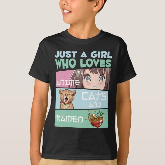 Anime Girl Cat en Ramen verslaafd aan Japanse noed T-shirt (Voorkant)