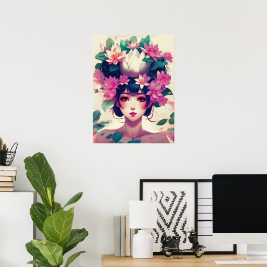 Anime Girl Crowned with Lotus Blossoms Poster (Thuiskantoor)