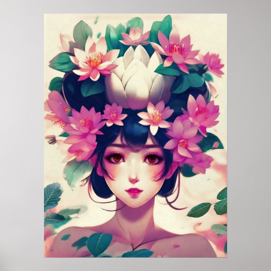 Anime Girl Crowned with Lotus Blossoms Poster (Voorkant)