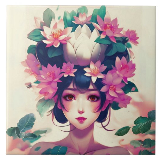 Anime Girl Crowned with Lotus Blossoms Tegeltje (Voorkant)