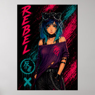 Anime Girl Cyberpunk Neon Black Poster